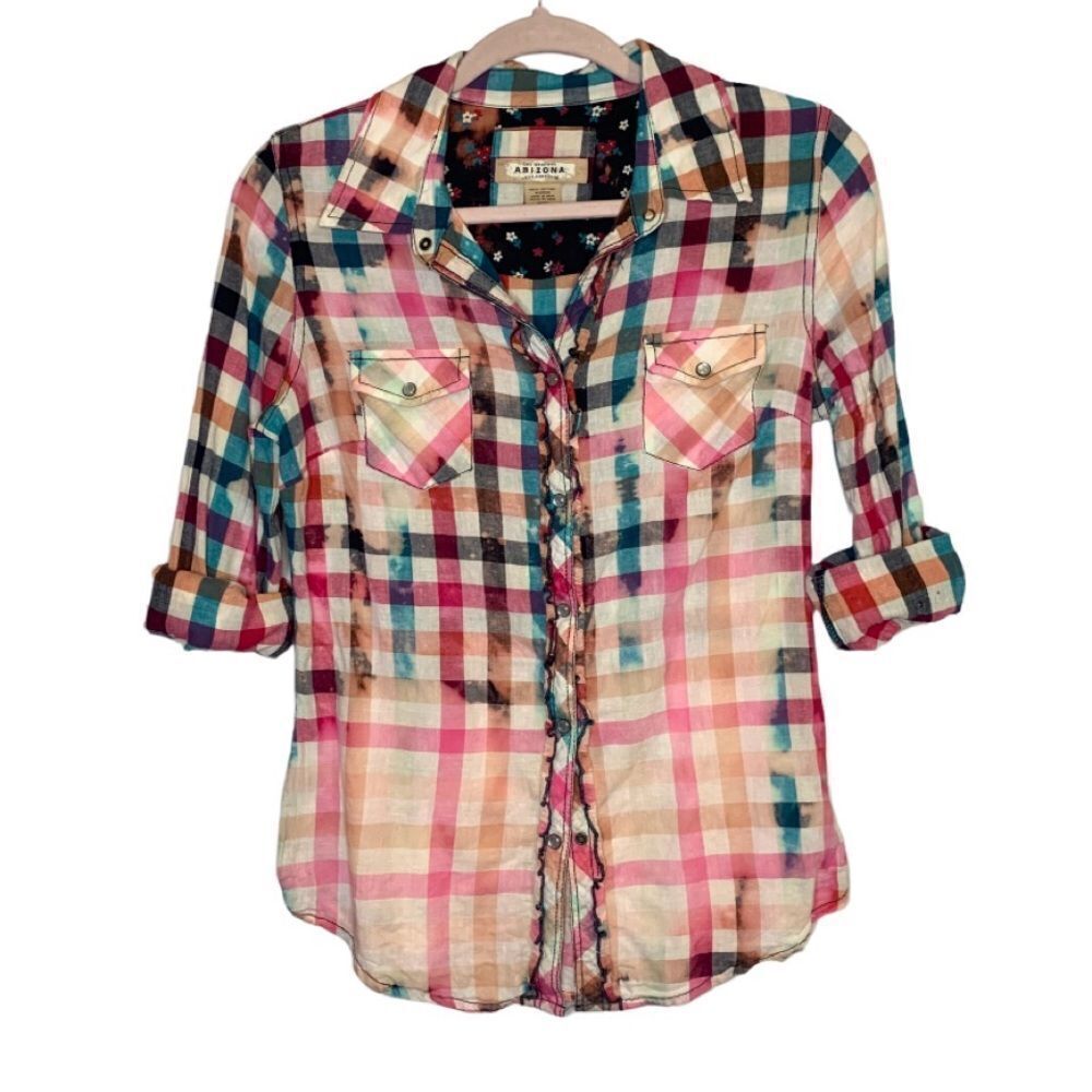Upcycled Arizona Jean Co. Red and Turquoise Distressed Bleach Splatter Shirt